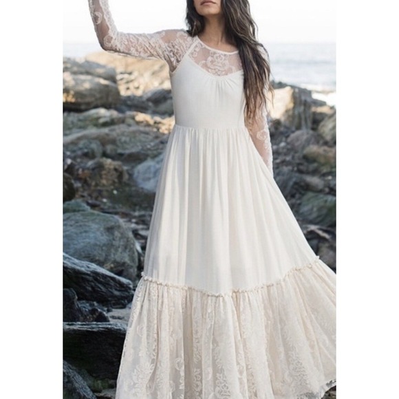 NWT Mia Joy Guliana Maxi Wedding Dress Floral Sheer Lace Fairy Cottage Praire S - Picture 2 of 14